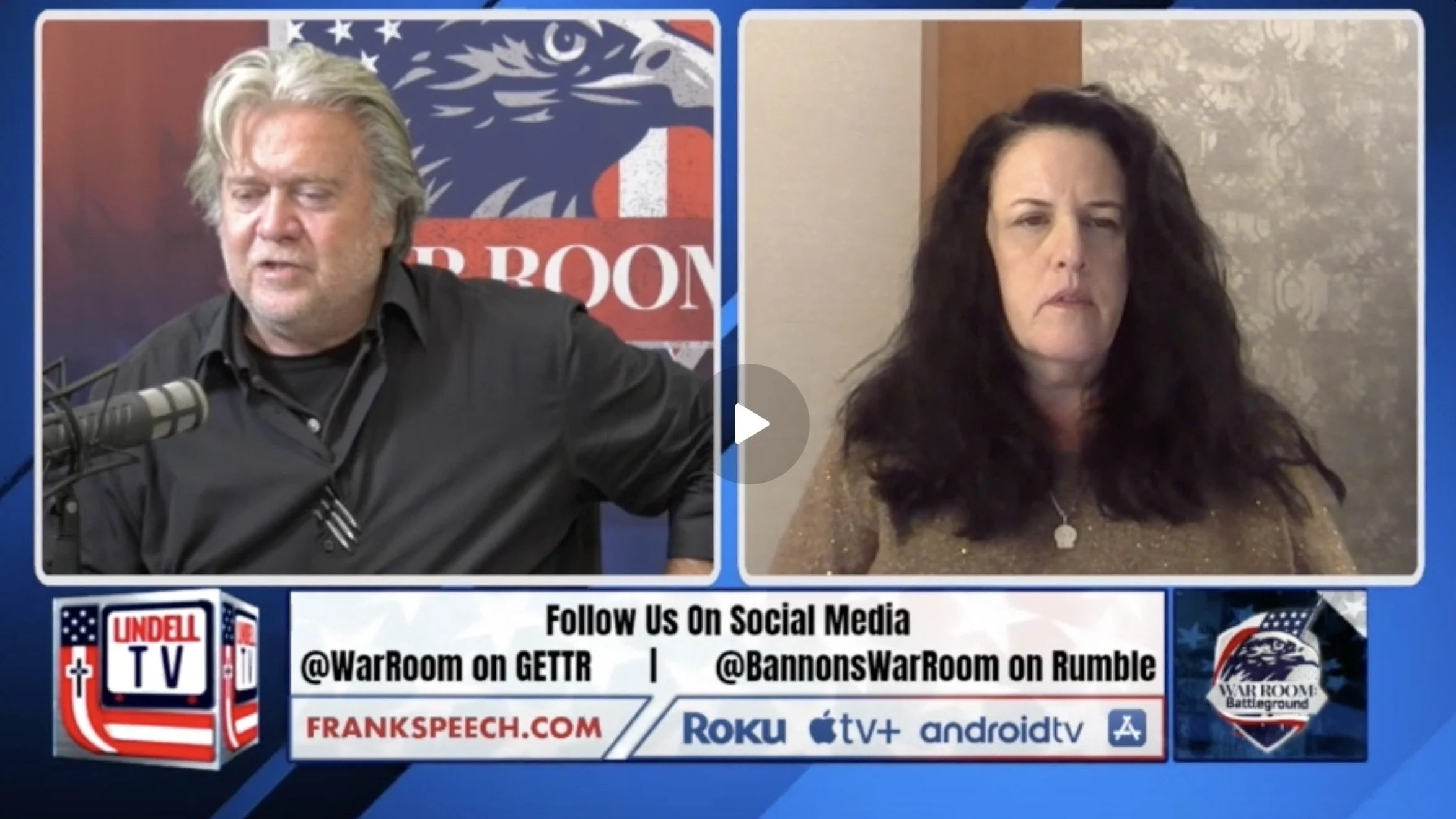A split-screen video call featuring a man with gray hair and a woman with dark curly hair, both speaking into microphones. The background behind the man displays a logo with an eagle and American flag motifs, and the background behind the woman is a neutral-patterned wall. A footer with social media handles, a website, and streaming platform icons is included, indicating the broadcast is related to "Undell TV" and "War Room Battleground."