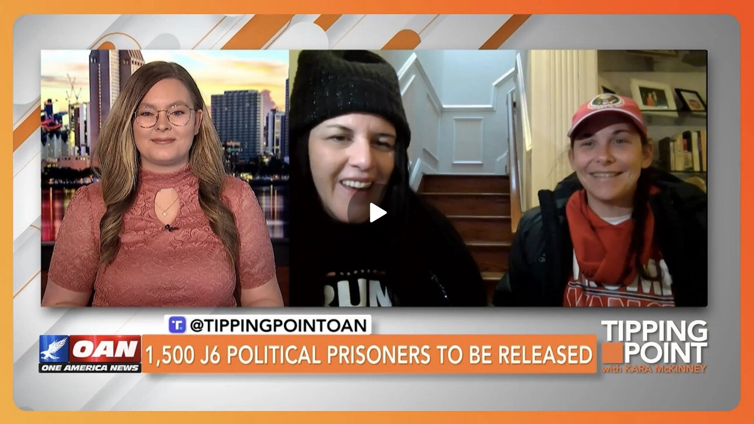 Screen capture of a news broadcast featuring a female news anchor on the left and two women on a video call on the right. The news ticker mentions the release of 1,500 J6 political prisoners, with the show titled "Tipping Point" hosted by Kara McKinney.