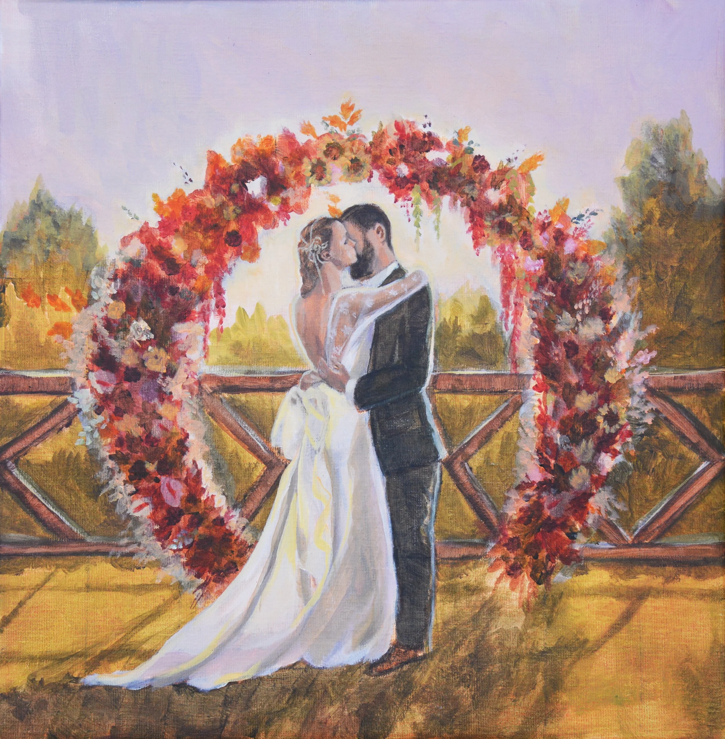 A live wedding painting depicting the bride and groom first kiss. Finale Ligure, Italy. September 2025.