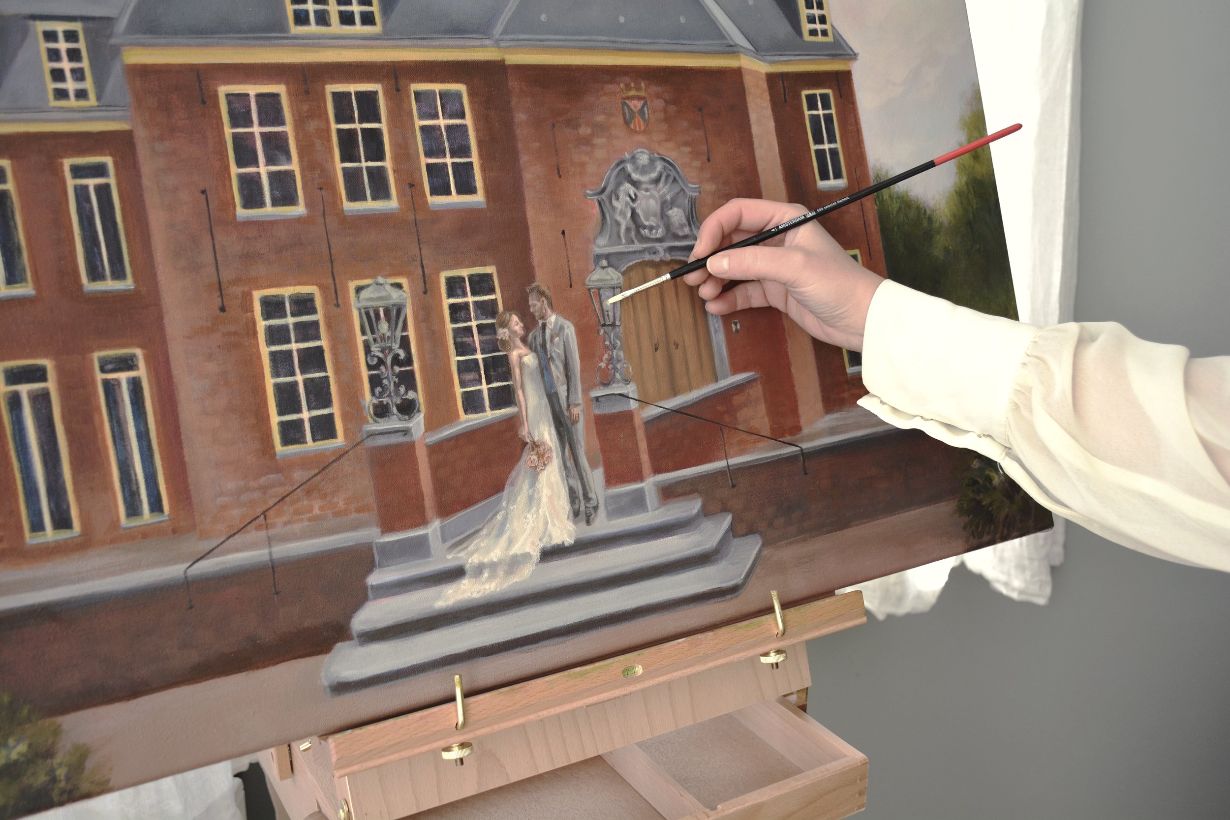 First look live wedding painting. The happy couple at Kasteel Neerijnen, Nederland.