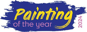 Text that says "Painting of the Year 2024" with yellow and purple lettering on a blue background.