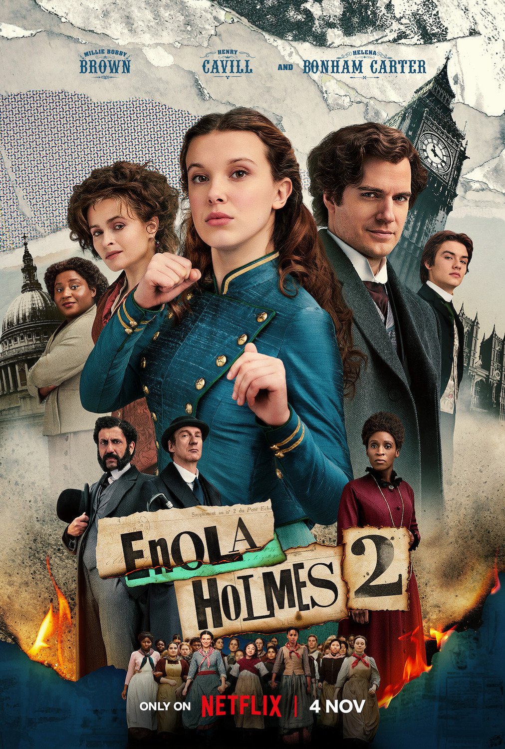 Poster for 'Enola Holmes 2' featuring prominent characters: Enola Holmes in the center, Sherlock Holmes to her right, and supporting characters behind them, with additional characters and historical buildings in the background, and the title at the bottom with a group of girls underneath, release date, and Netflix logo.