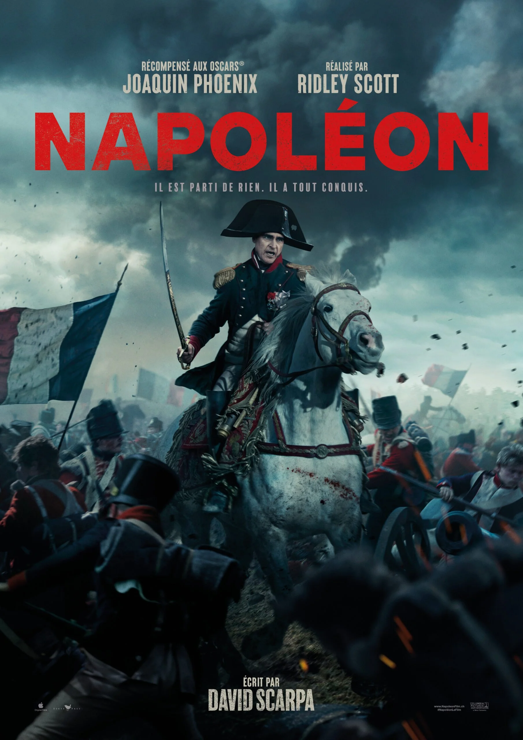 A dramatic movie poster showing Napoleon on horseback leading a battle, with soldiers and flags in the background, under dark stormy clouds.