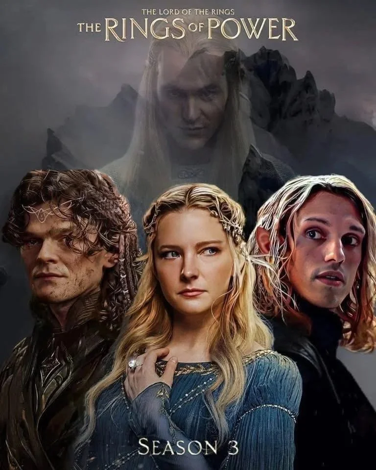 Promotional poster for 'The Lord of the Rings: The Rings of Power,' Season 3, featuring three main characters in the foreground and a mysterious figure in the background with mountains.