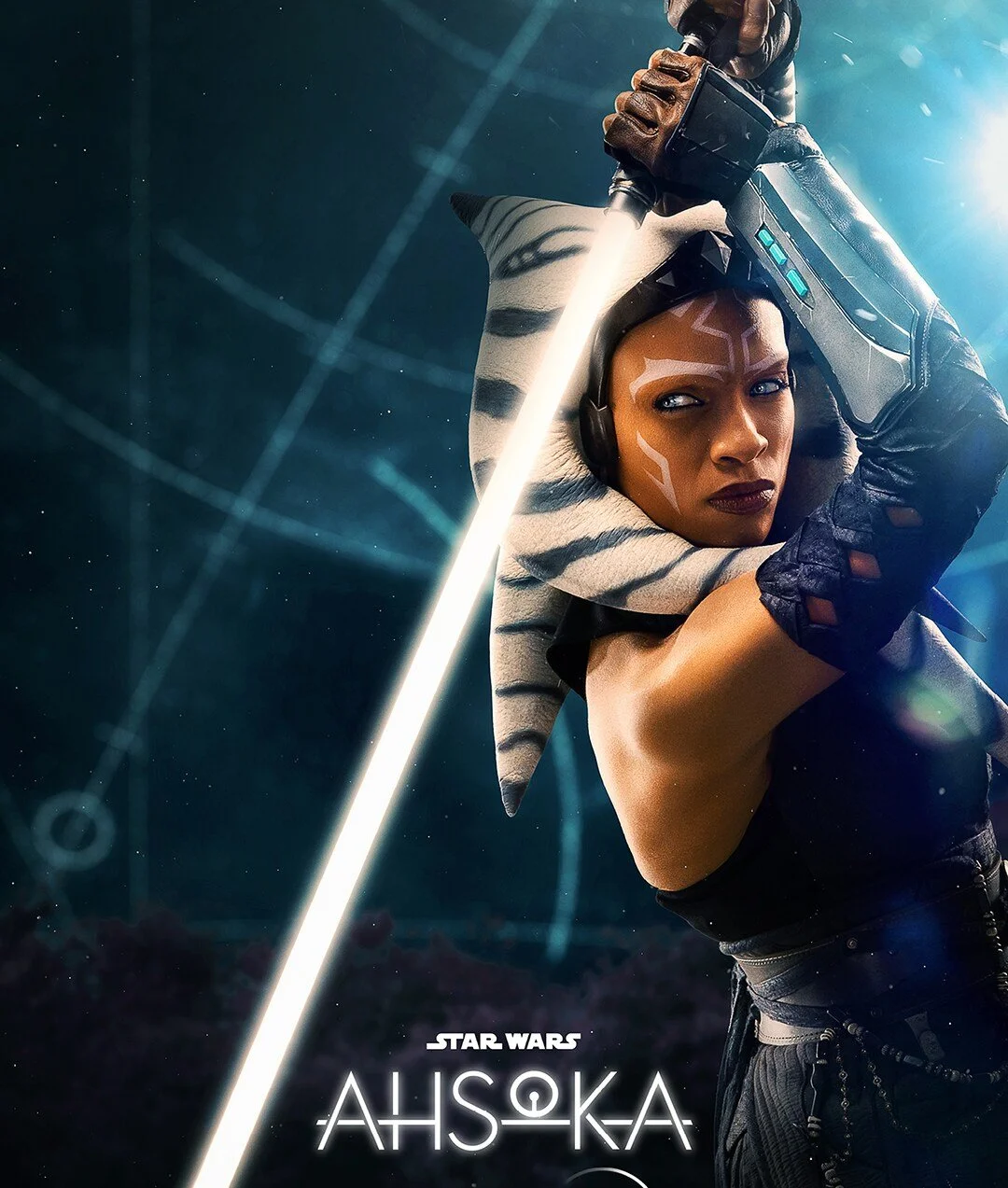A woman with tribal face paint and dark clothing wielding a lightsaber in a sci-fi setting, with a starry background and digital grid overlay.