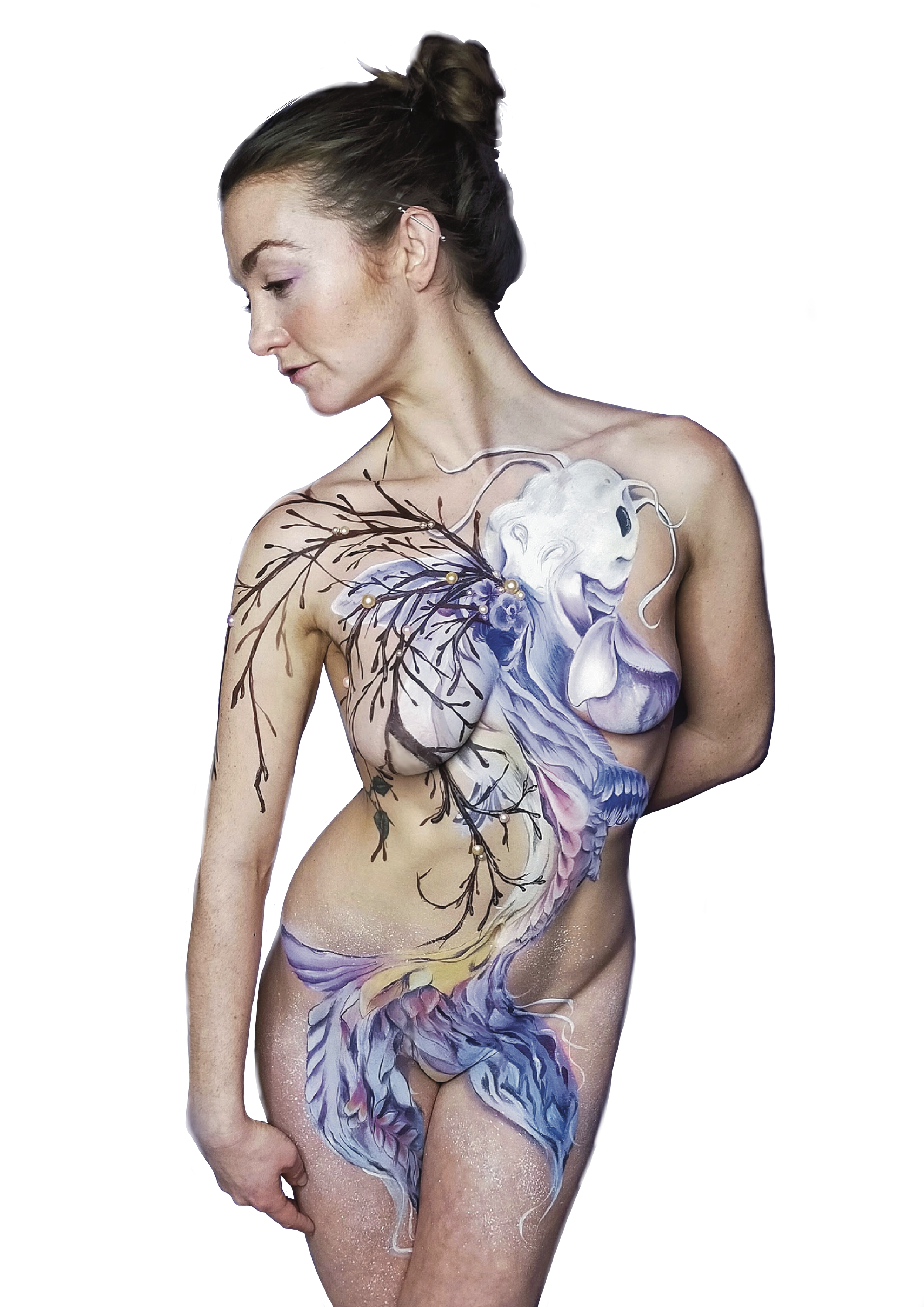 A woman with body paint of a mythical creature with branches, a lion's head, and flowing fur covering her torso and legs.