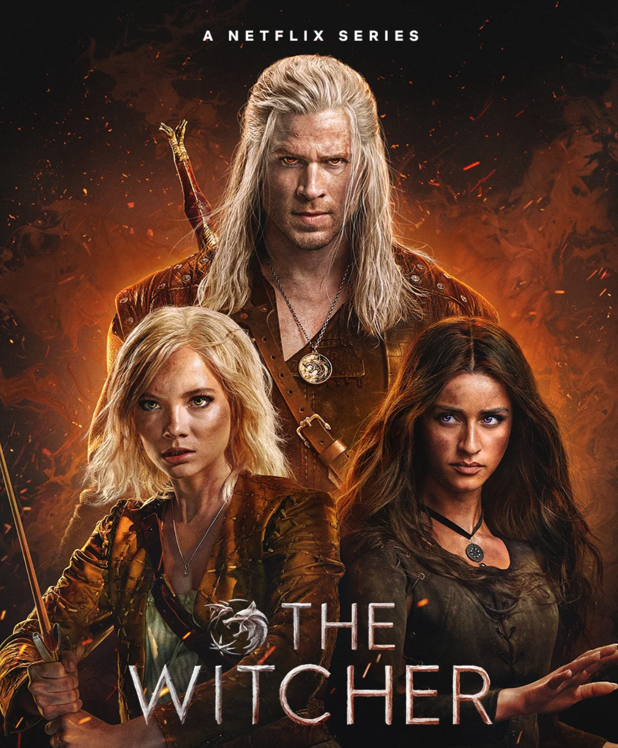 Poster for the Netflix series 'The Witcher' featuring three main characters. The character in the center has long white hair, a stern expression, and is dressed in leather with a sword strapped to his back. The character on the left has blonde hair, holds a bow, and looks intense. The character on the right has dark brown hair and wears dark clothing, with a serious expression. The background is fiery and dark, with the show's title at the bottom.
