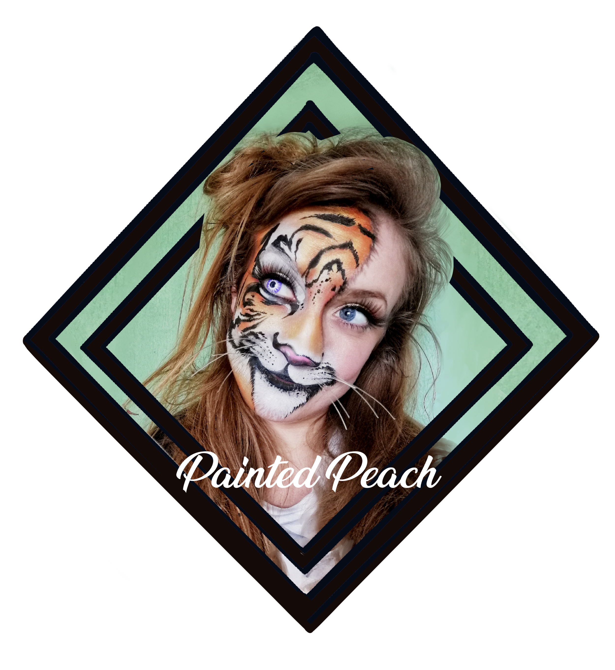Woman with half tiger face paint, half natural face, with bright blue eyes and red hair, labeled 'Painted Peach'.