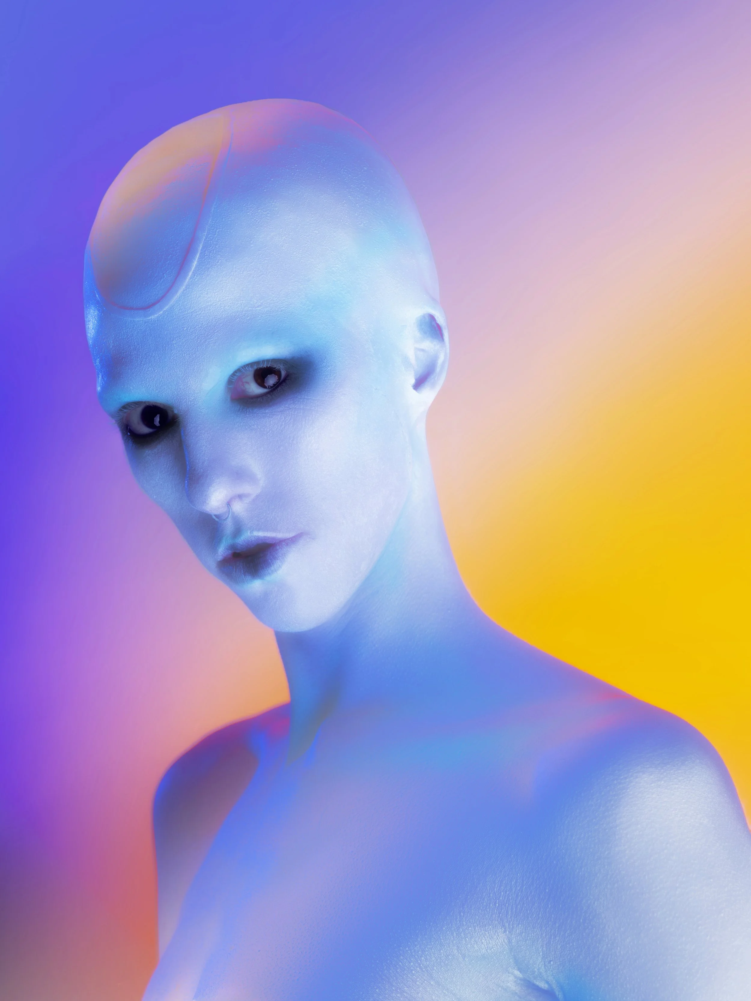 Blue Alien Makeup - SFX baldcap application, brow blocker prosthetics made and applied by me. Photography by the incredible Andre Pattenden