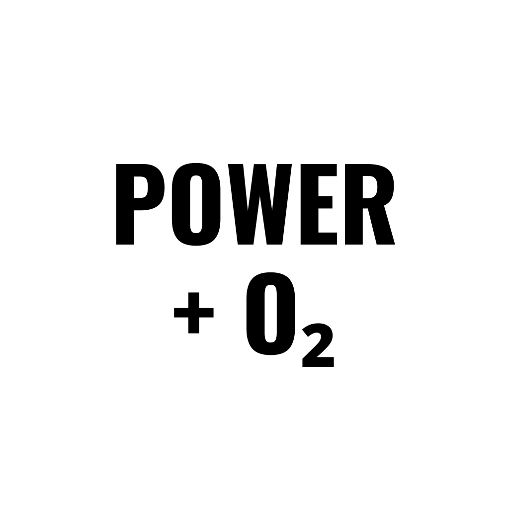 Graphic with the words 'POWER' and '+O2' in bold black text on a white background.