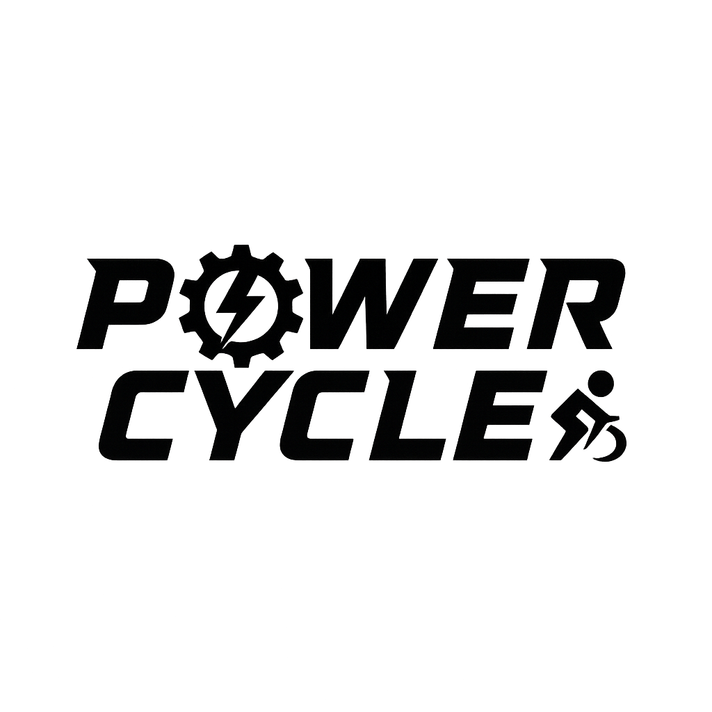 Black and white logo with the words "Power Cycles"; the letter "O" in "Power" is depicted as a gear with a lightning bolt inside, and the letter "I" in "Cycles" is stylized as a cyclist on a bicycle.