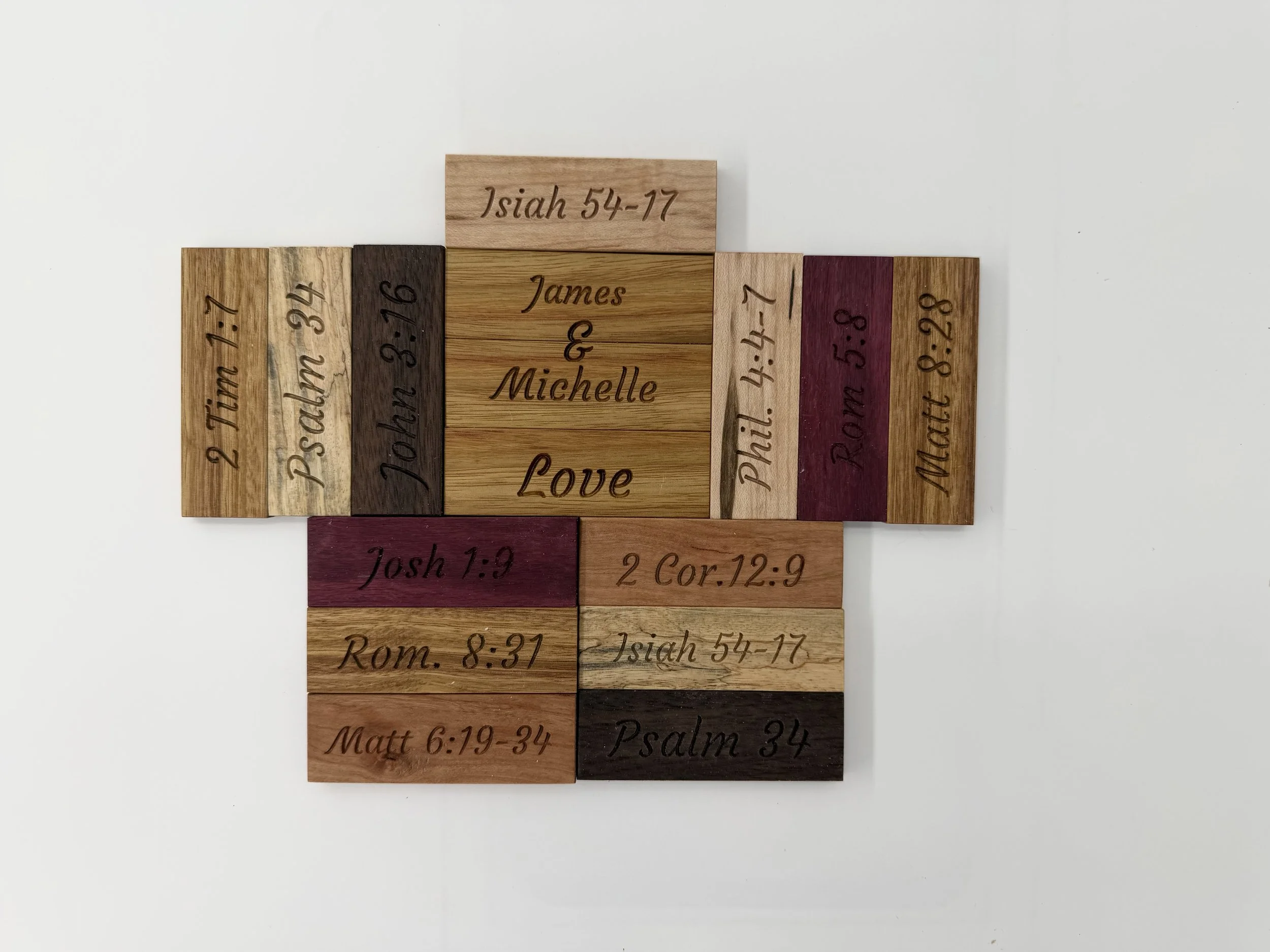 KeyChains carved with bible verses made from various hardwoods with a hand rubbed oil finish.