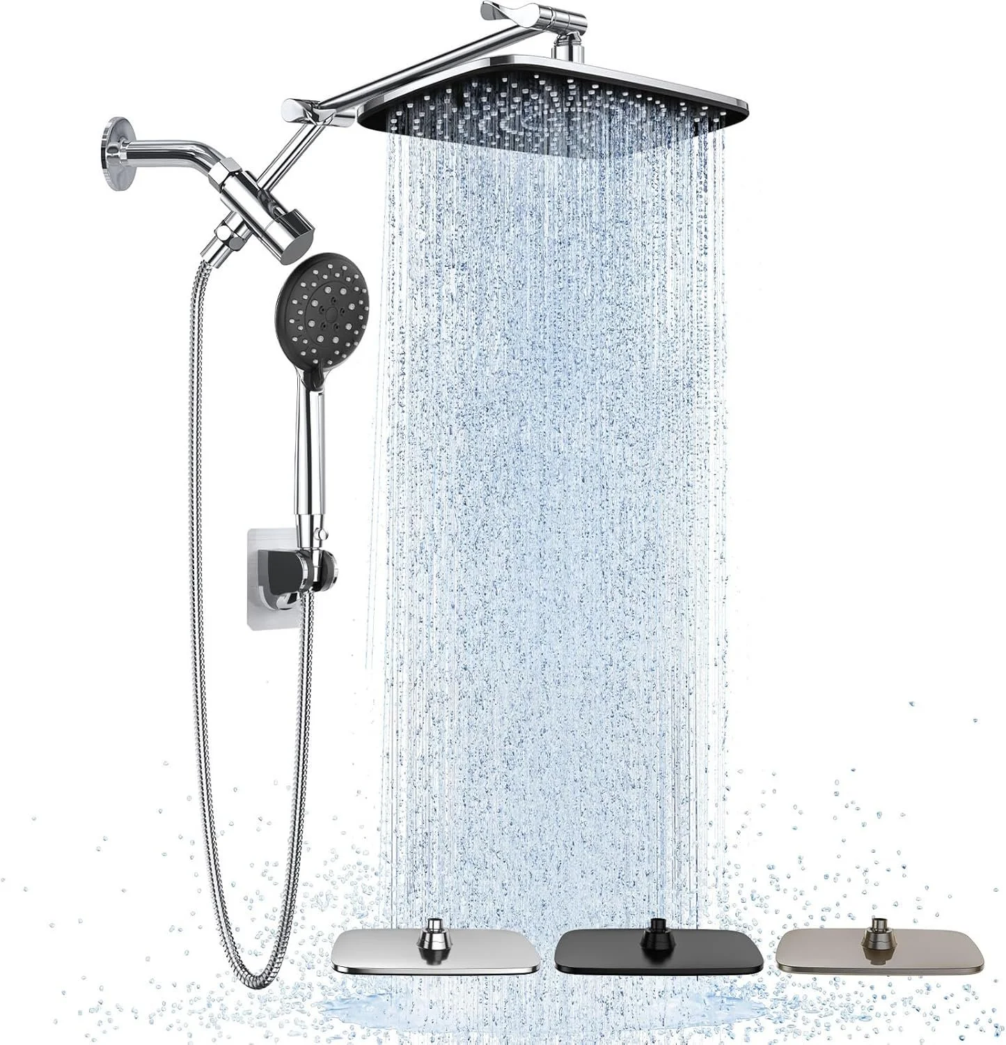 A chrome showerhead with multiple spray options, including a rainfall shower, with a handheld shower attachment and three different color panels at the base.