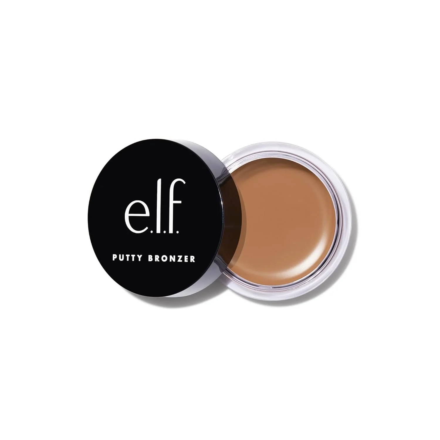 Open jar of e.l.f. Putty Bronzers with black lid and clear container showing light brown product inside.