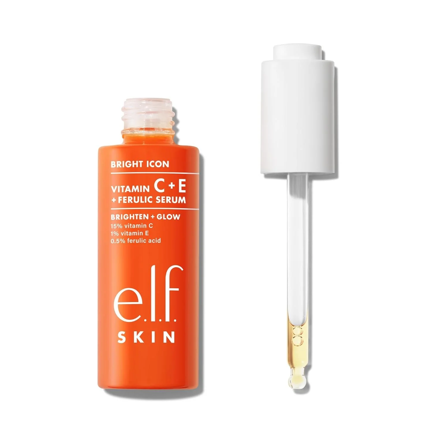 A bottle of e.l.f. skincare serum with a dropper beside it, featuring an orange label with white text.