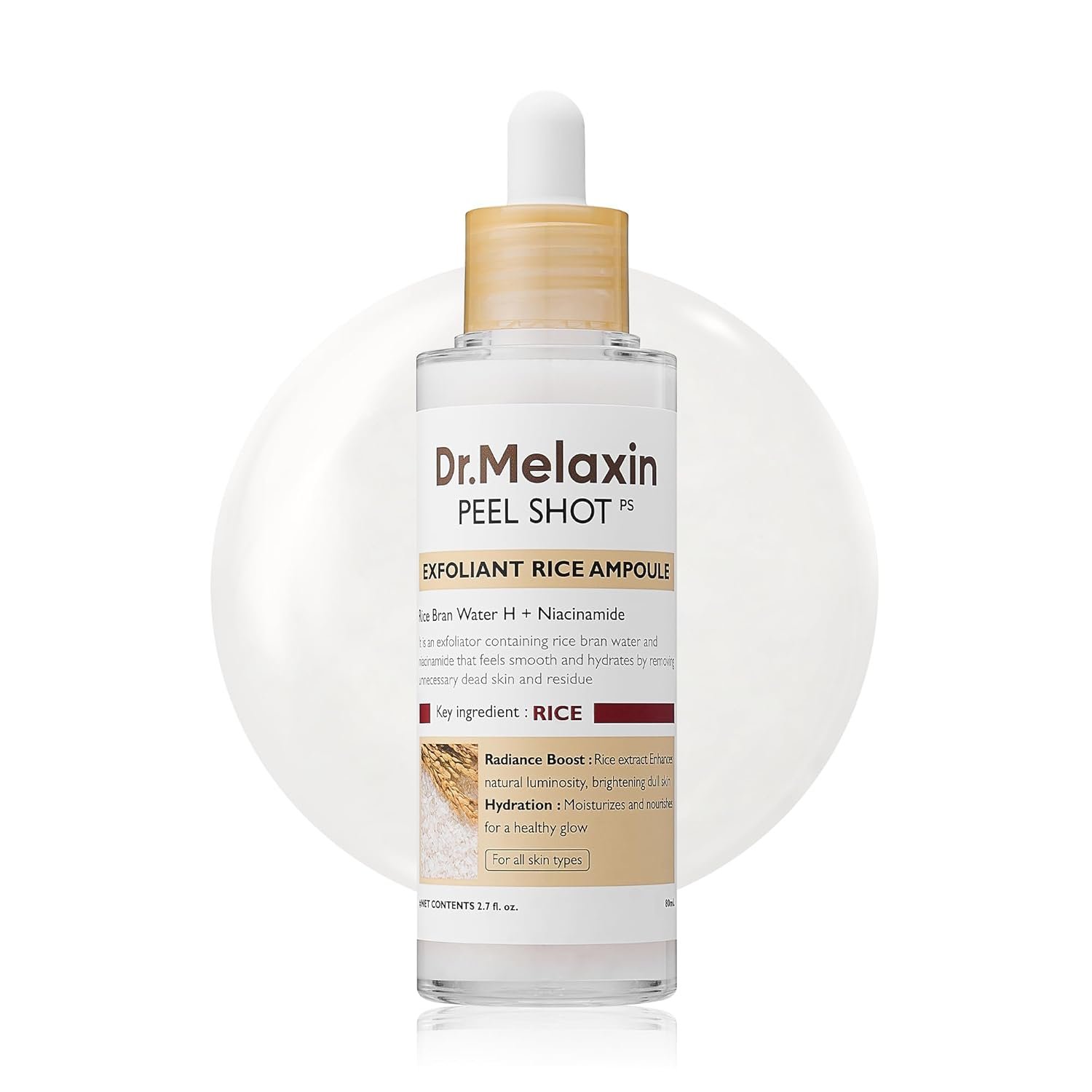 A bottle of Dr. Melaxin Peel Shot exfoliant with rice ampoule containing rice bran water and niacinamide, aimed at improving skin radiance and hydration.