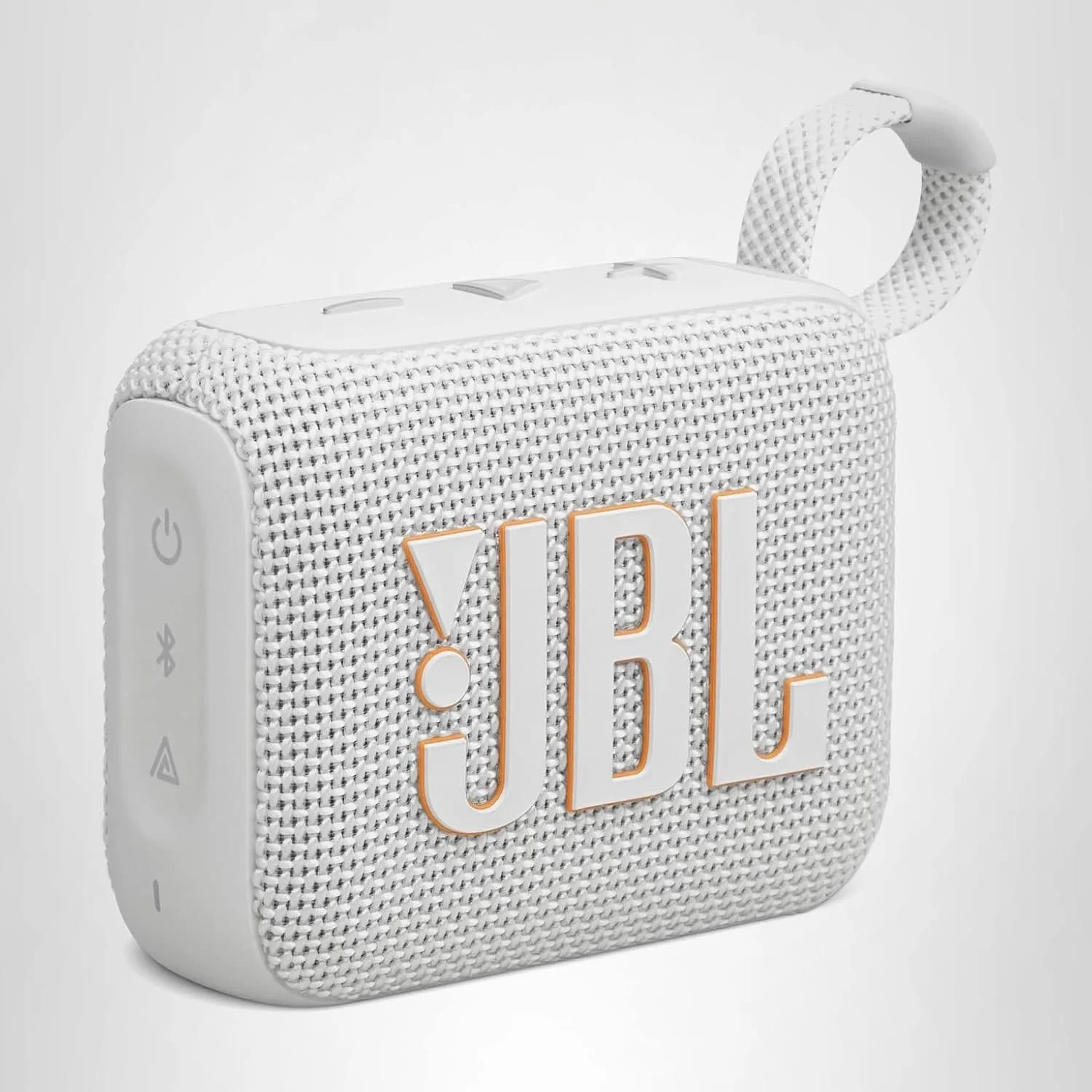 White portable speaker with the letters 'JBL' on the front, textured fabric exterior, side control buttons, and a carrying strap.