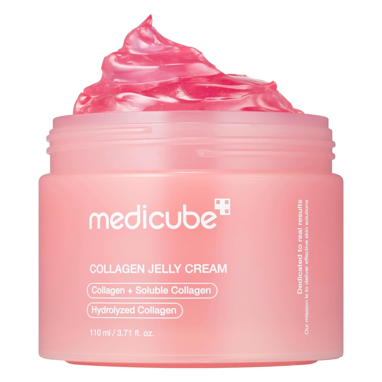 Pink jar of medicube collagen jelly cream with the lid off and pink gel-like cream on top.