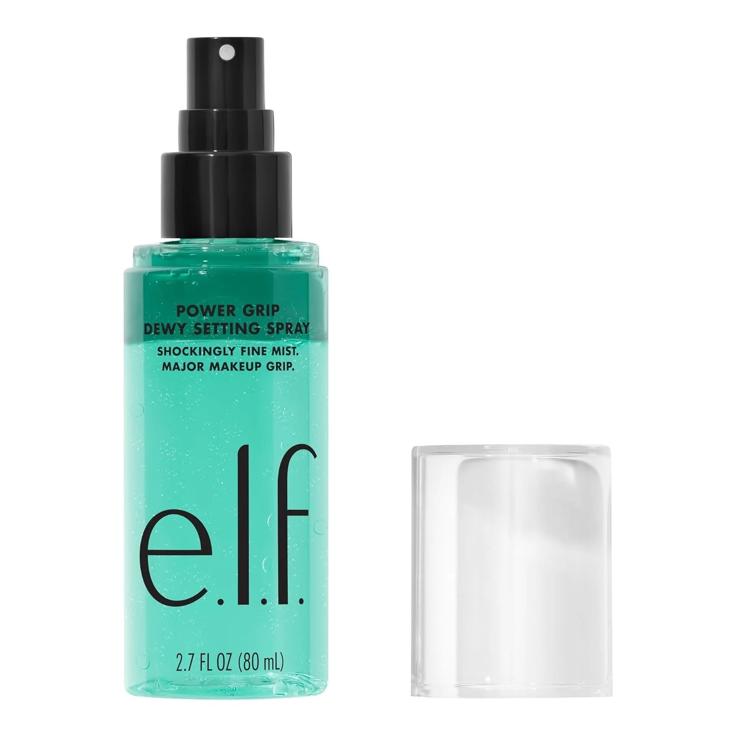 A bottle of e.l.f. Power Grip Dewy Setting Spray with a clear cap beside it.