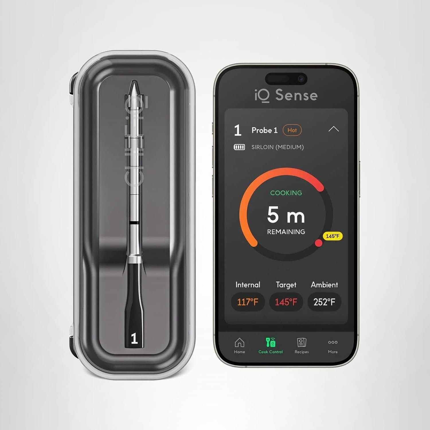 A digital meat thermometer probe with a connected smartphone app displaying cooking status, temperature, and remaining time.