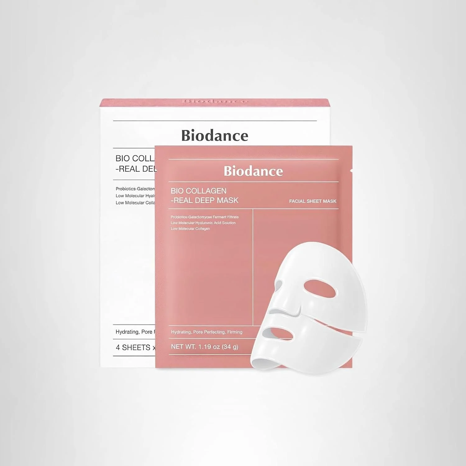 Biodance bio collagen facial sheet mask packaging with a white sheet mask placed in front of it.