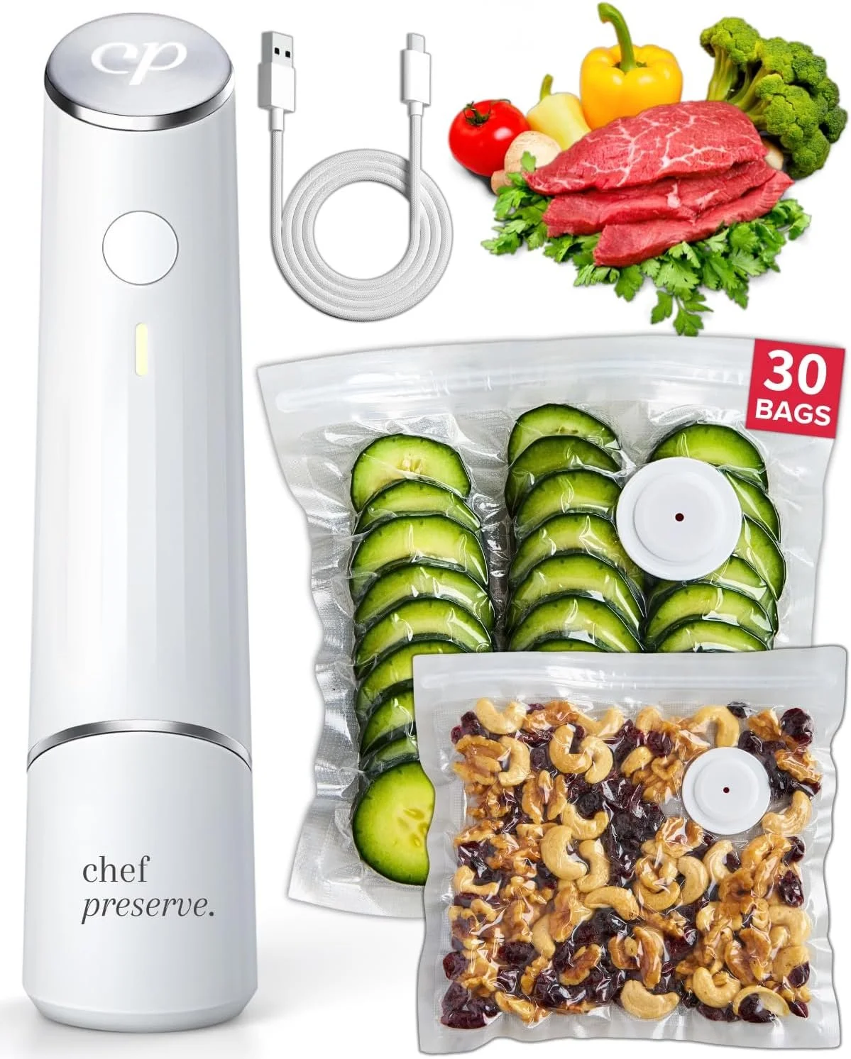 A portable vacuum sealer with various food items including fresh vegetables, sliced cucumbers, mixed nuts, and slices of raw beef. Also shows a 30-bag roll, a power adapter, and a date label on the sealer.