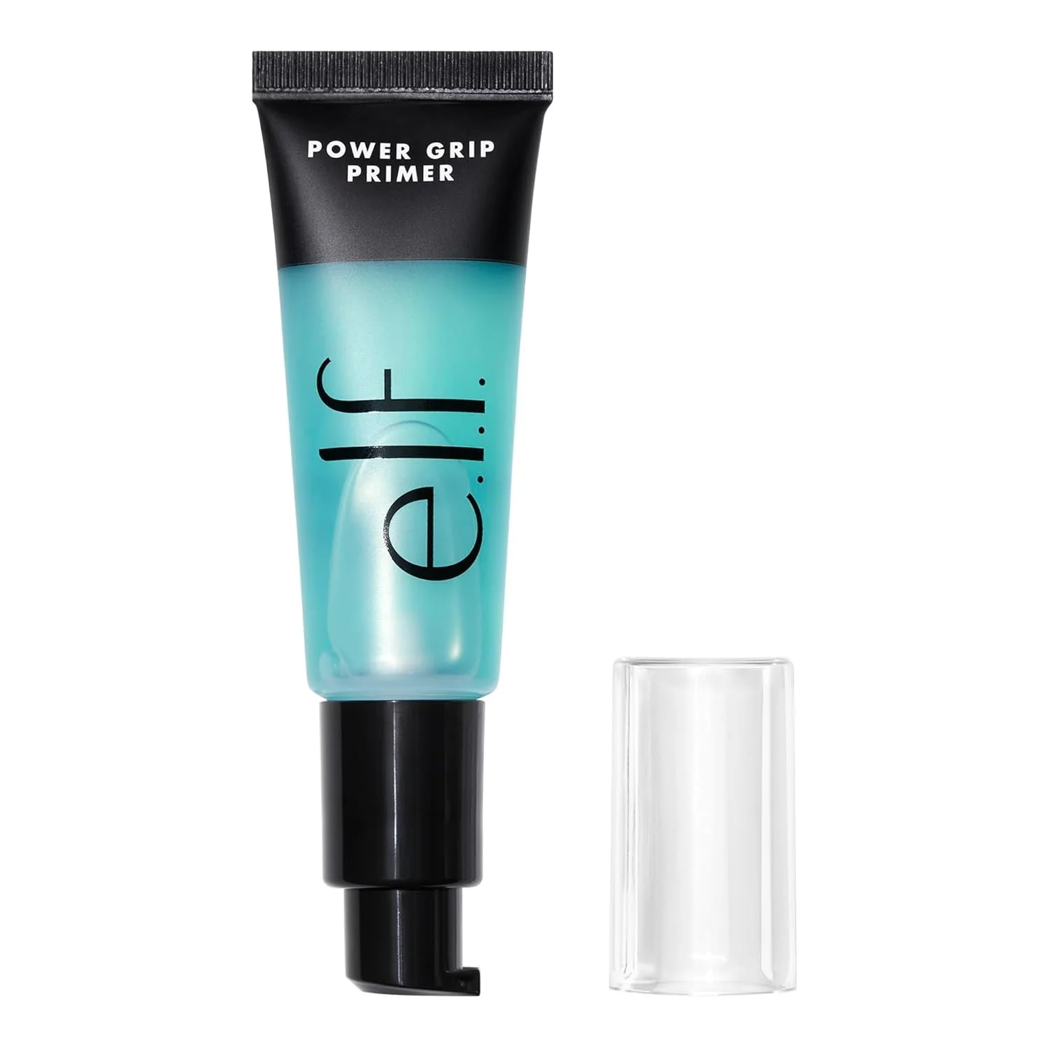 A tube of e.l.f. Power Grip Primer with a black cap and transparent body, along with a clear rectangular cap, isolated on a white background.