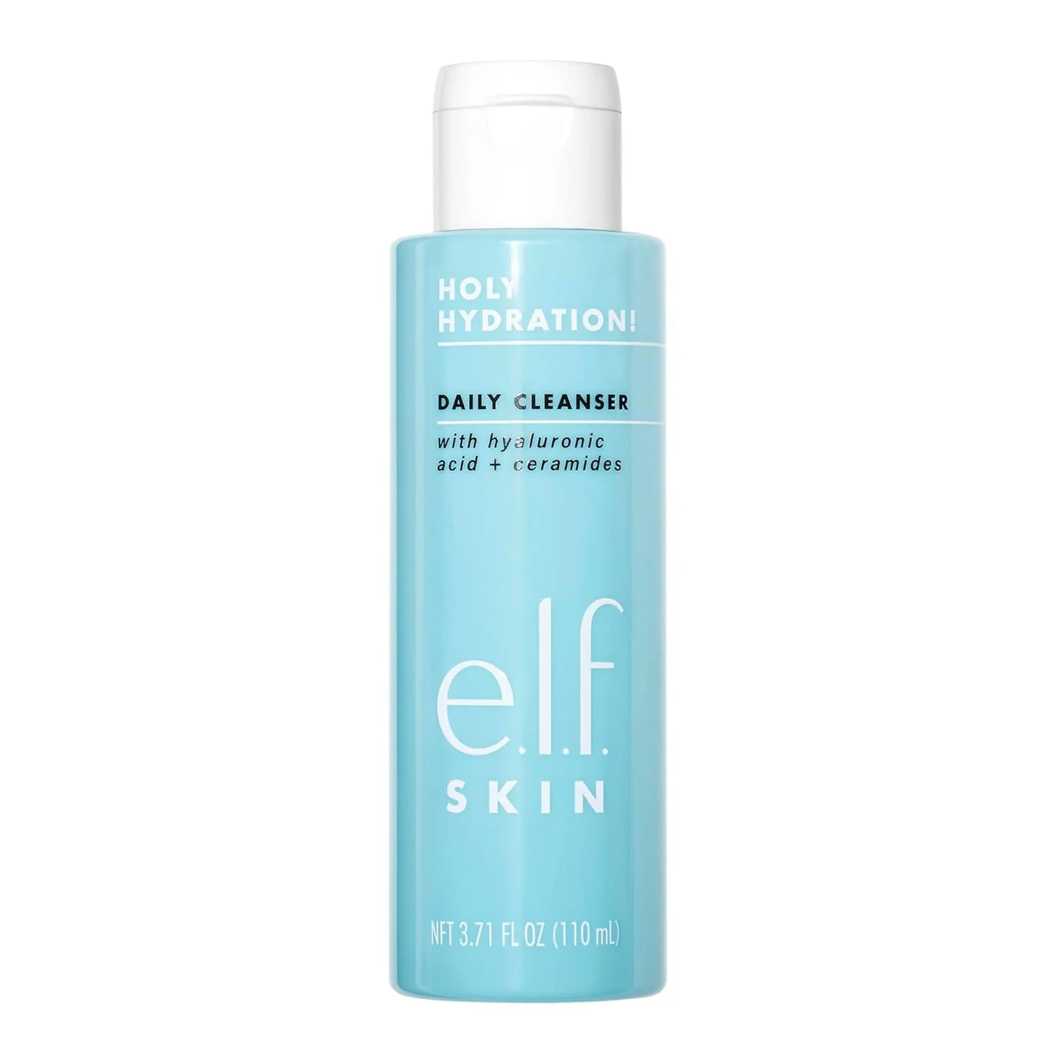 Bottle of e.l.f. Skin Holy Hydration Daily Cleanser with hyaluronic acid and ceramides.