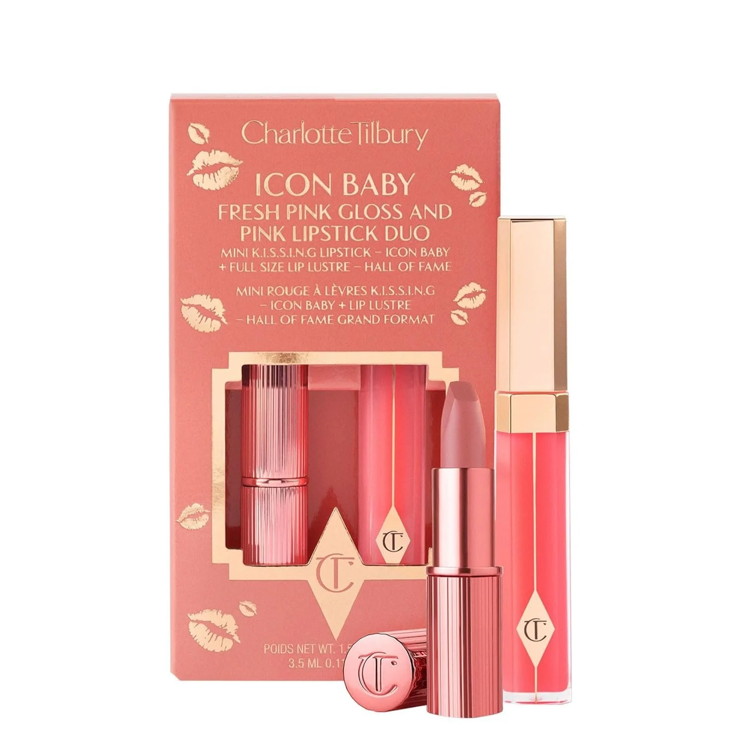 Charlotte Tilbury ICON BABY lip set with pink lipstick, lip gloss, and lipstick tubes in pink packaging, displayed in pink box with gold accents and text.