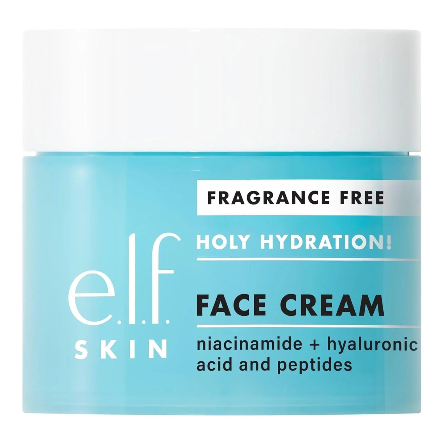 A container of e.l.f. skincare face cream labeled 'fragrance free' and 'holy hydration' with ingredients including niacinamide, hyaluronic acid, and peptides.