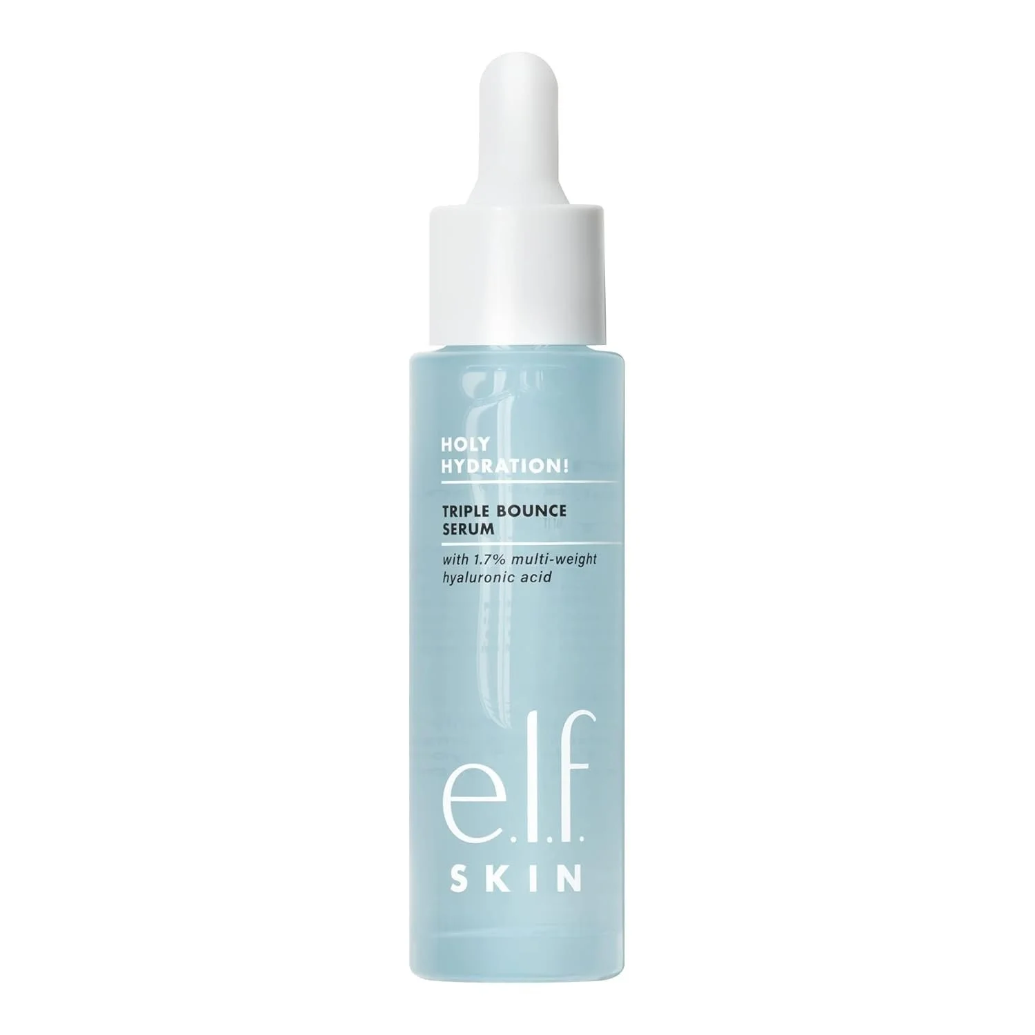 Bottle of e.l.f. Skin Holy Hydration Triple Bounce Serum with a dropper cap, featuring blue liquid inside.