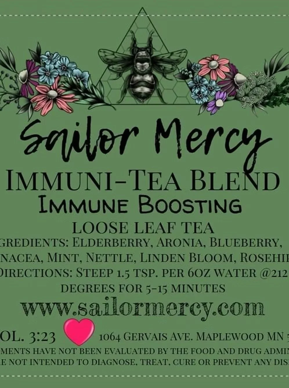 Immuni-Tea herbal loose leaf blend ingredients including elderberry, echinacea, and rosehips