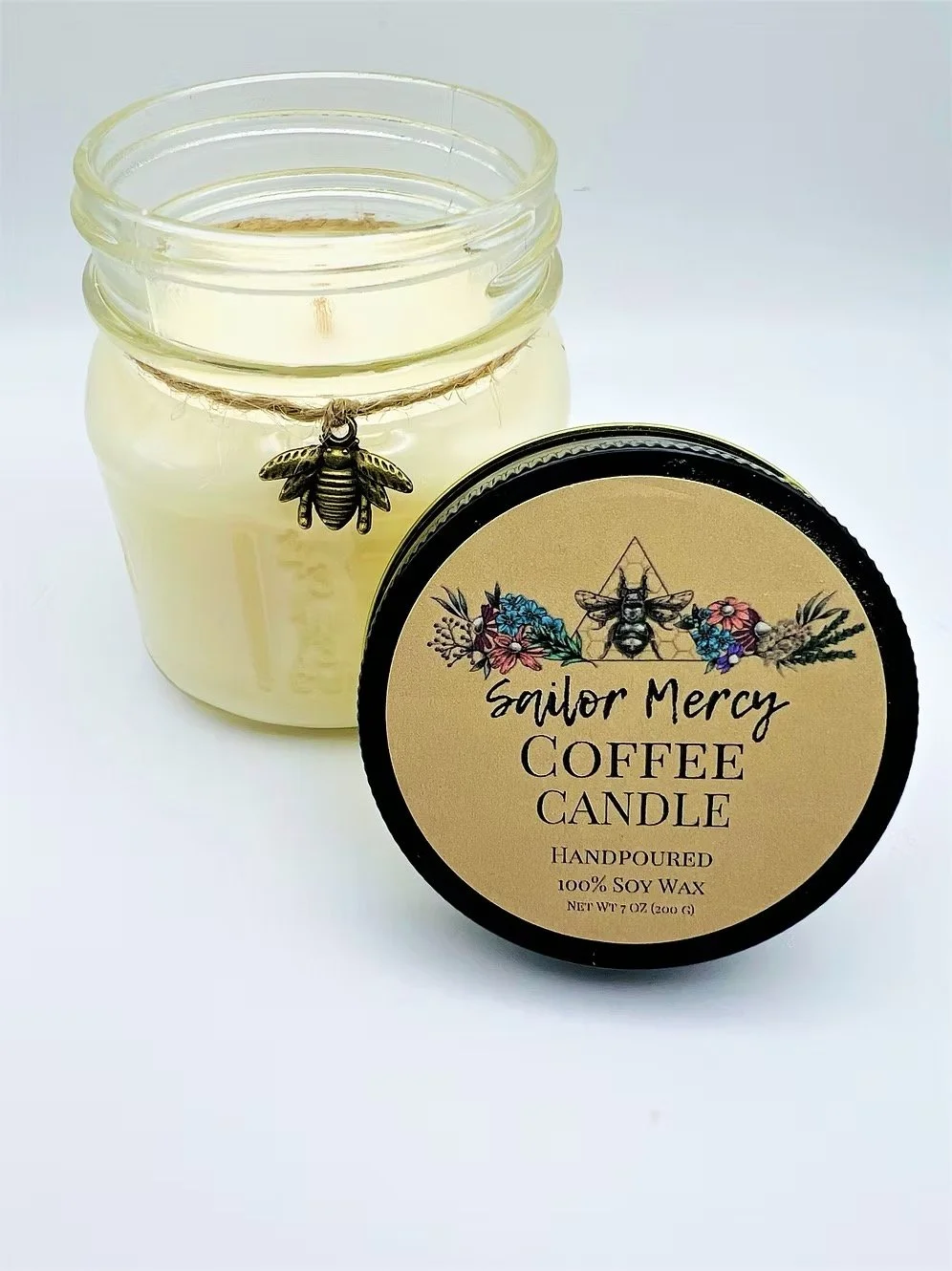 Sailor Mercy coffee soy candle in glass jar with rich roasted coffee scent
