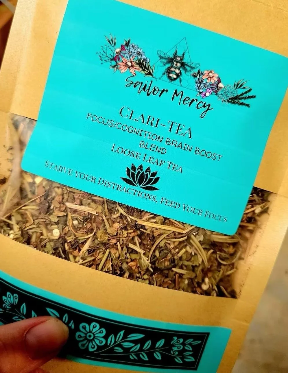 Loose leaf adaptogenic tea blend with herbs for cognitive support and calm focus