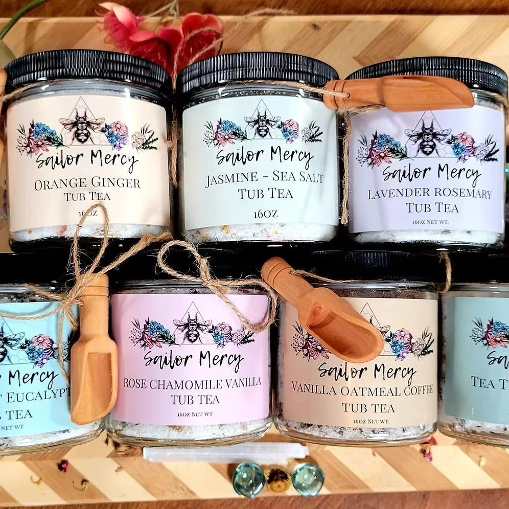 herbal bath tea jars with natural botanical bath soak blends