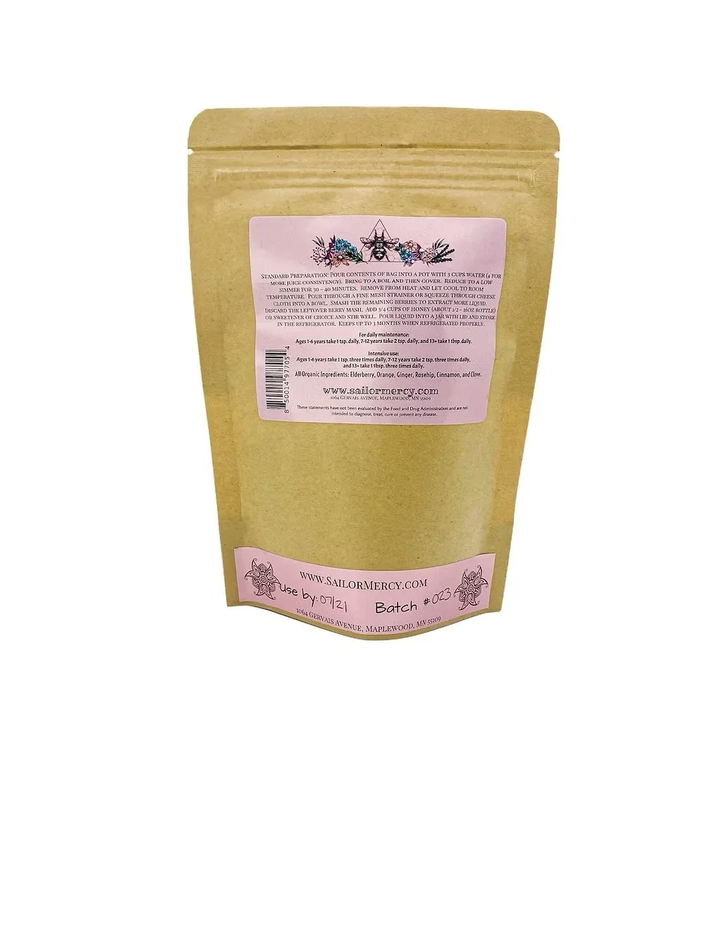 Back label of organic elderberry syrup making kit showing ingredients and instructions for homemade syrup