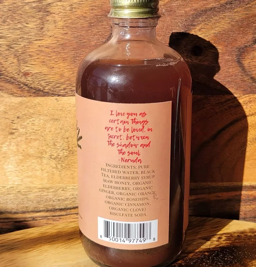 Back of elderberry iced tea bottle showing ingredients and nutrition label on small-batch tea