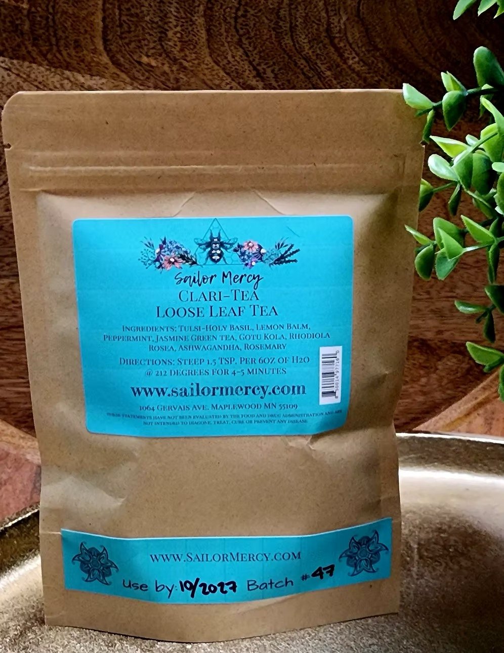 Close-up of Clari-Tea loose leaf herbal blend with adaptogenic herbs for focus and calm energy