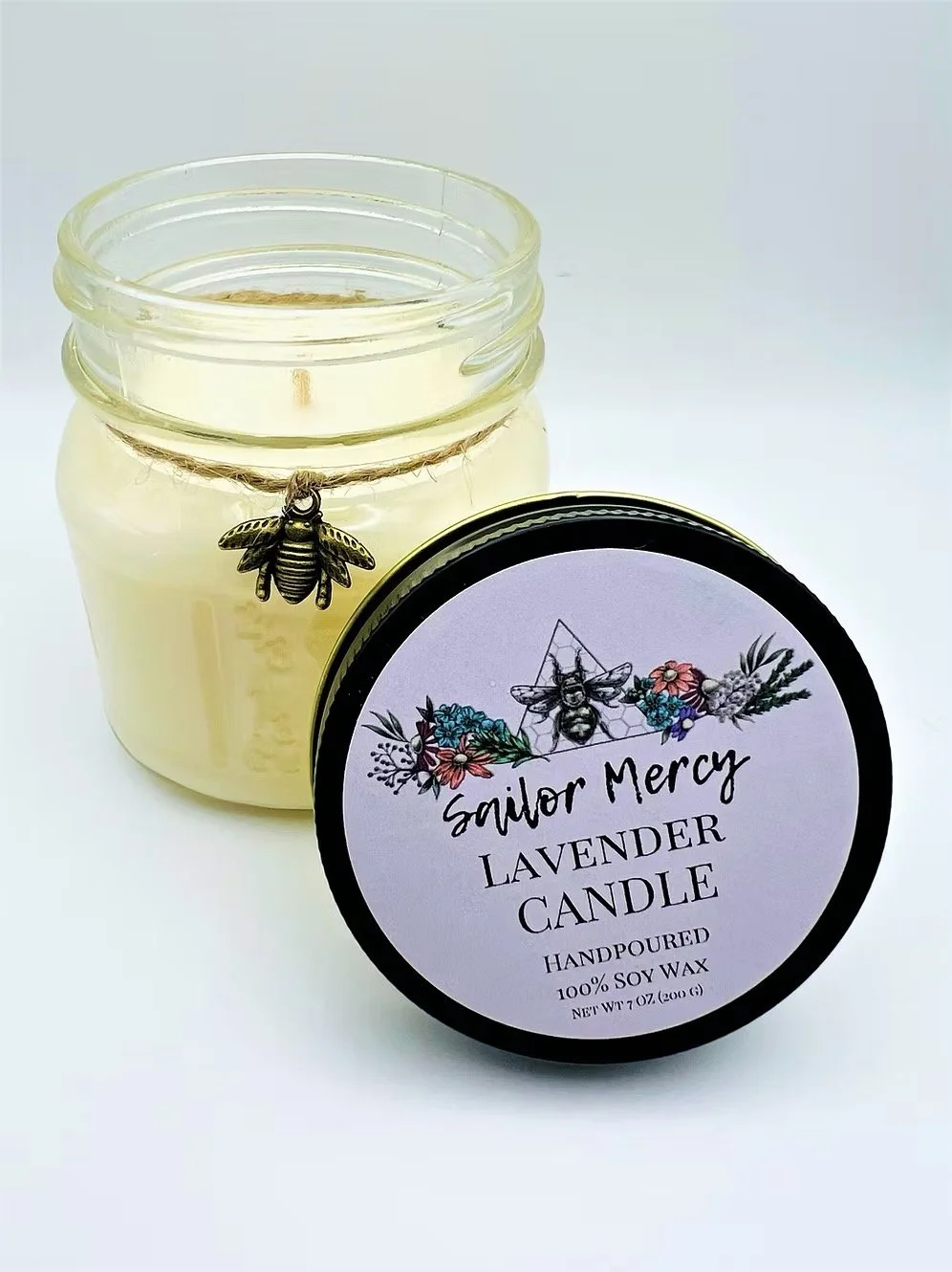Sailor Mercy lavender soy wax candle in glass jar with calming floral scent