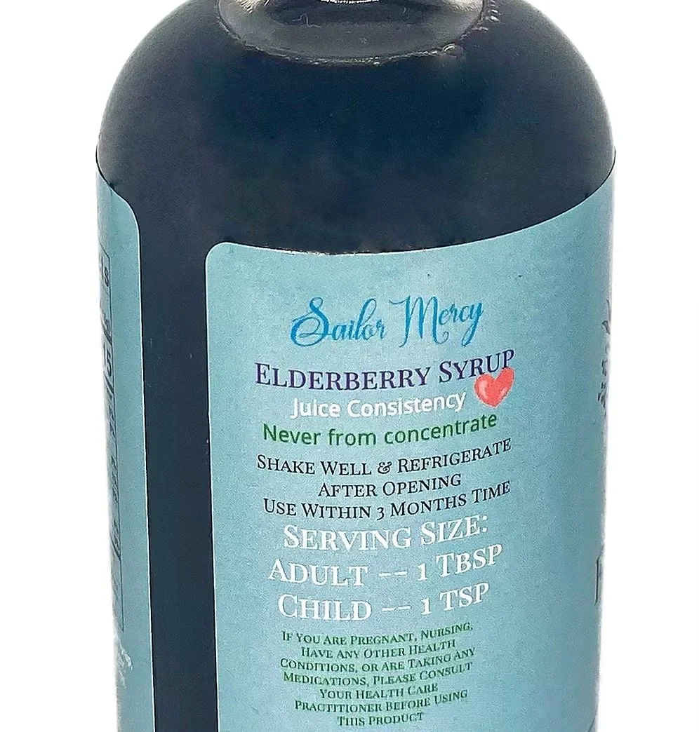 Vegan elderberry syrup nutrition facts label showing ingredients and serving details