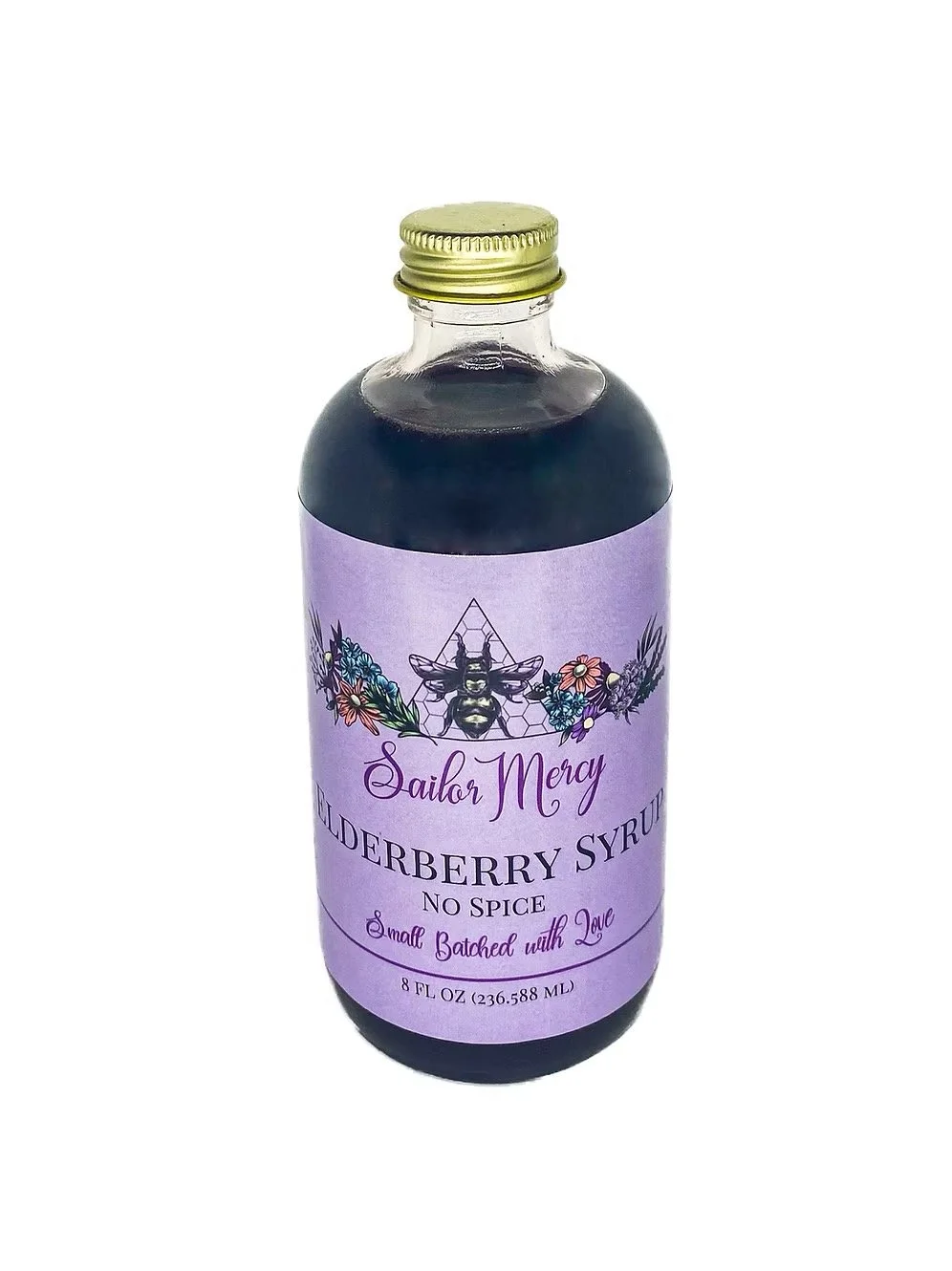 No spice elderberry syrup bottle with purple label and gold cap, small-batch organic immune support syrup
