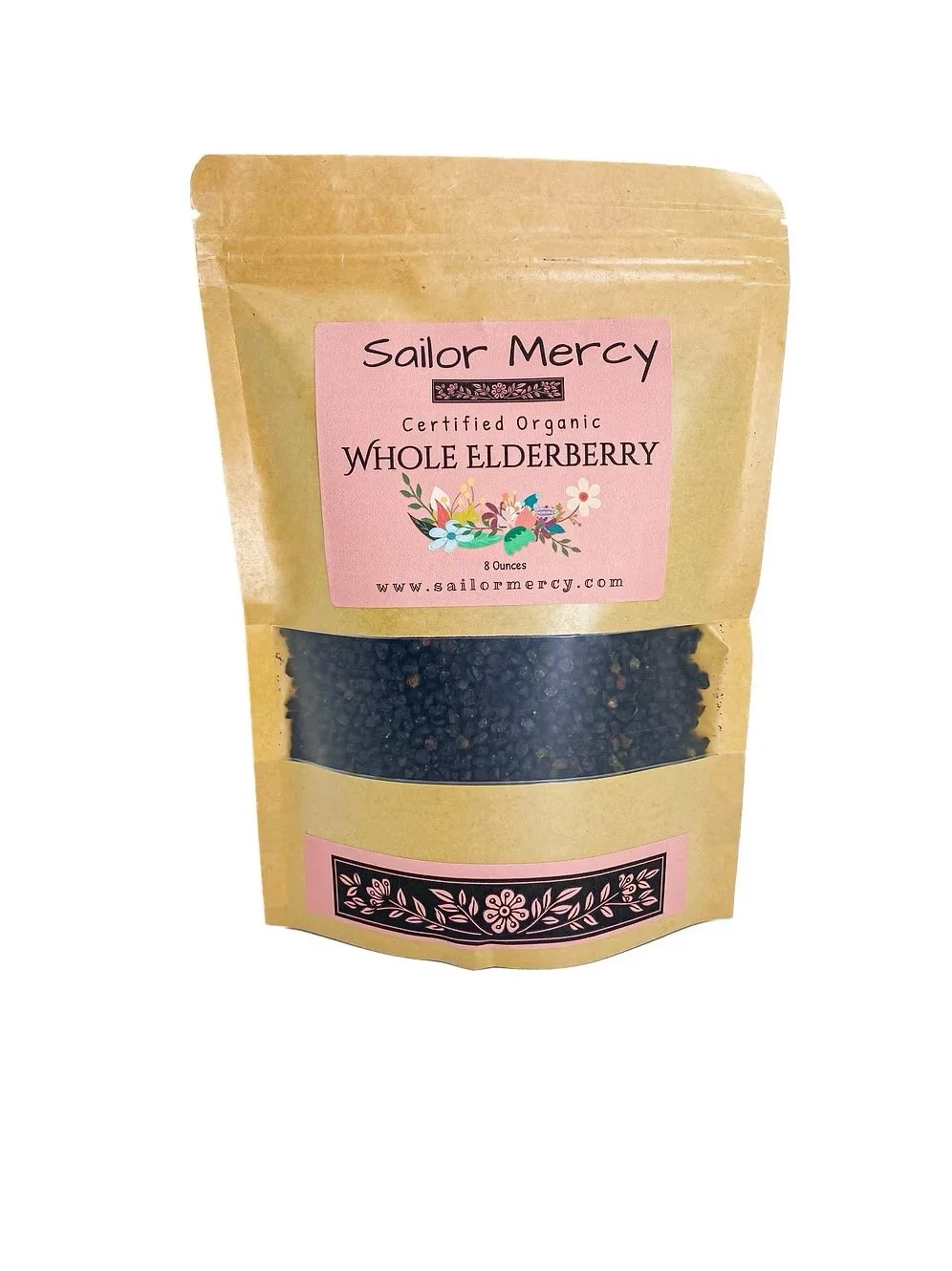 Certified organic dried elderberries in resealable kraft pouch packaging