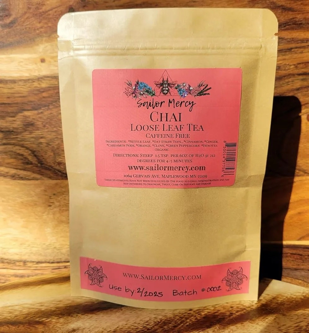 Caffeine-free loose leaf chai tea with cinnamon, ginger, and cardamom