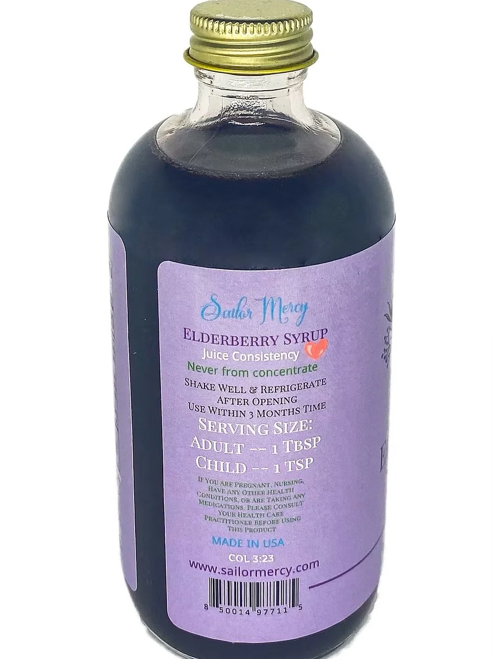 Back label of no spice elderberry syrup with nutrition facts and ingredient details