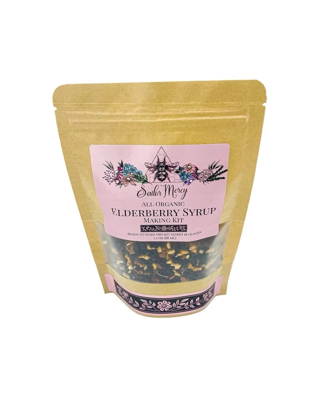 DIY elderberry syrup kit with organic elderberries, cinnamon, clove, and herbs for making syrup at home