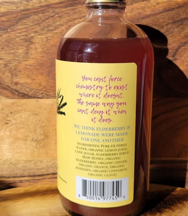 ack of elderberry lemonade bottle showing ingredients and label detail