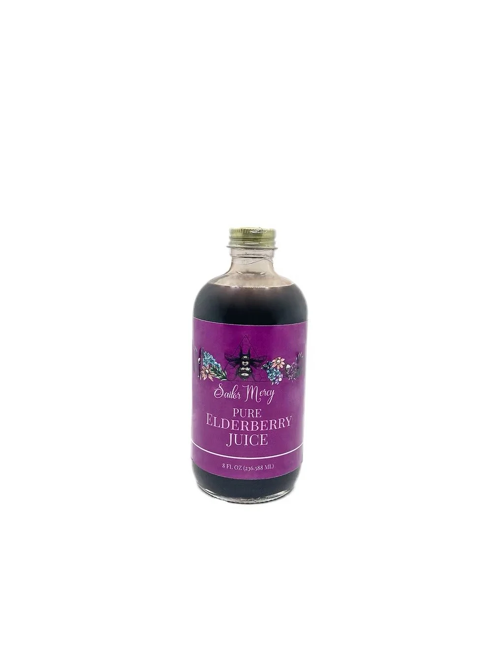 unsweetened elderberry juice bottle on white background