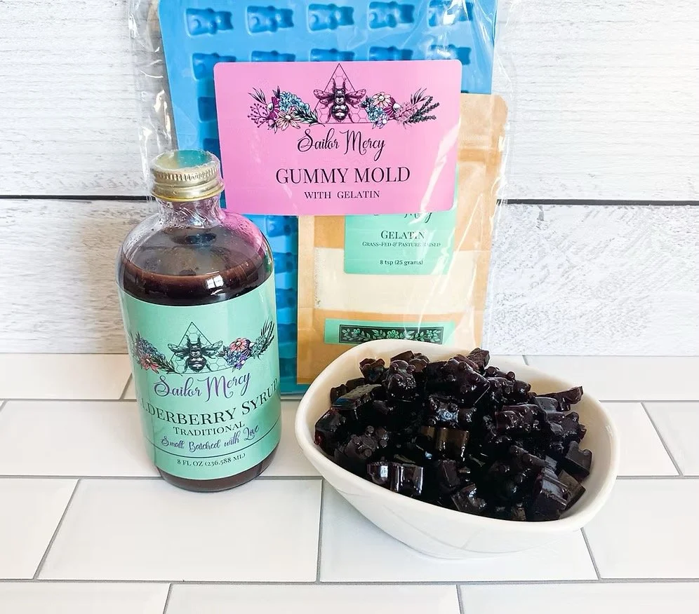 Elderberry syrup gummy kit with gelatin, mold, and finished gummies
