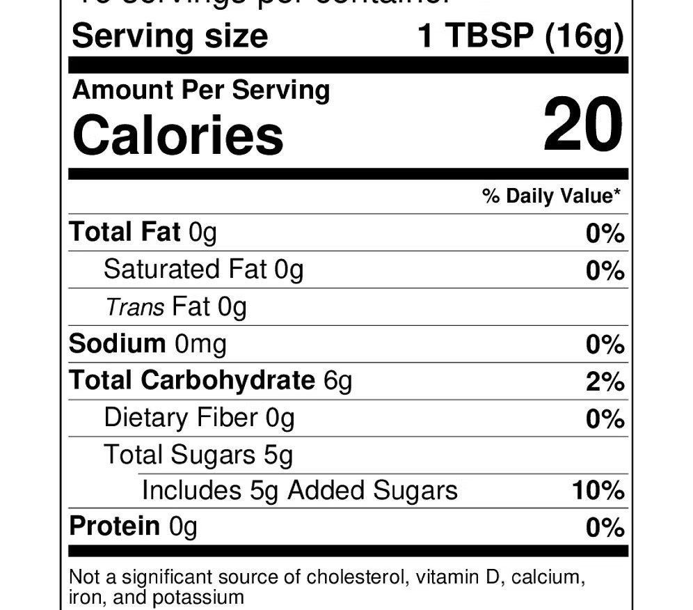 Nutrition facts label for elderberry gummy serving size and calories