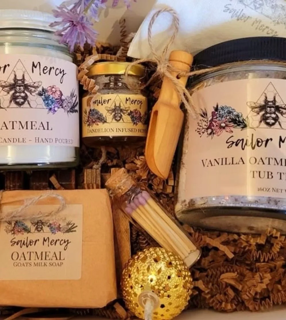 handmade spa gift set with candle, artisan soap, honey, and self care accessories